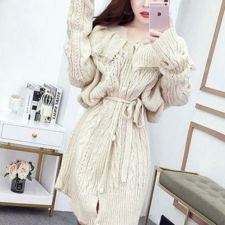 Plain Lace-trim Lace-up Long-sleeve Knit Dress Almond - One Size