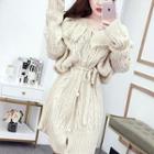 Plain Lace-trim Lace-up Long-sleeve Knit Dress Almond - One Size