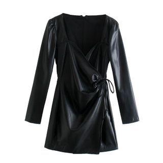 V-neck Faux Leather Mini A-line Dress