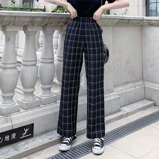 Short-sleeve Cold-shoulder T-shirt / Plaid Wide-leg Pants