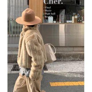 Snap-button Eco-fur Jacket Beige - One Size