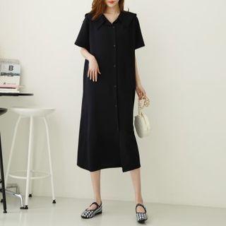 Sailor-collar Button-trim Long Dress