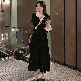 Glitter Ruffled Bell-sleeve A-line Midi Dress