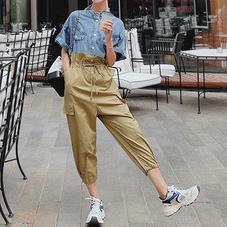 Denim Panel Cropped Jumpsuit