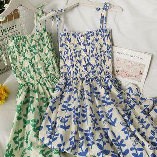 Sleeveless Ribbon-strap Smocked Midi Dress