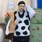 Cow Print Knit Sweater Vest Vest - Dairy Cow - Black & White - One Size