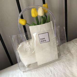 Set: Transparent Tote Bag + Pouch Tote Bag - Transparent - One Size / Pouch - White - One Size