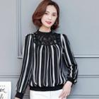 Lace Panel Striped Long Sleeve Blouse