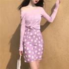 Long-sleeve Open Back T-shirt / Floral Print Tube Top / A-line Skirt / Set