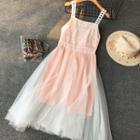 Lace-panel Dotted Mesh Sleeveless Dress