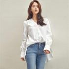 V-neck Frill-cuff Blouse White - One Size