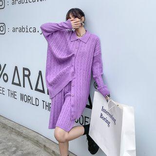 Set: Single Breasted Cable Knit Cardigan + Wide Leg Shorts