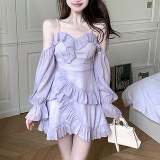 Bell-sleeve Cold-shoulder Ruffled Mini A-line Dress