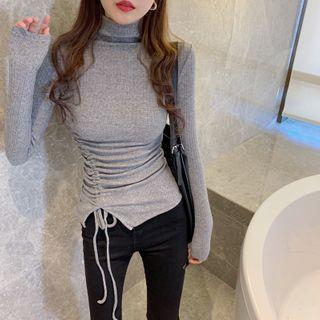 Long-sleeve Drawstring Turtleneck Knit Top