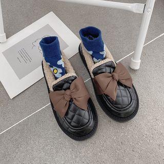 Bow Quilted Faux Leather Fleece-lined Loafers
