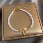 Bow Faux Pearl Alloy Bracelet Gold - One Size