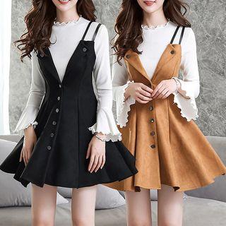 Set: Frilled Trim Long-sleeve Top + Strappy A-line Dress