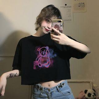 Short Sleeve Bear Print Cropped T-shirt