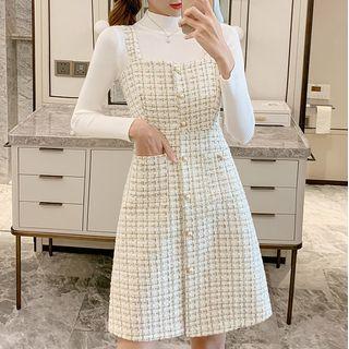 Set: Plain Long-sleeve T-shirt + Tweed Pinafore Dress