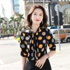 Dotted Tie-neck Elbow-sleeve Blouse / Mini Pencil Skirt / Set