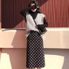 Set: Cable Knit Vest + Turtleneck Long-sleeve Top + Dotted Straight-fit Midi Skirt