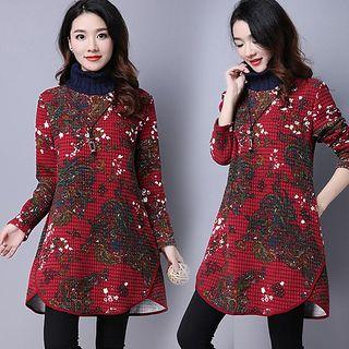 High Neck Printed Long-sleeve Dress