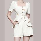 Set: Short-sleeve Square-neck Top + Wide Leg Shorts
