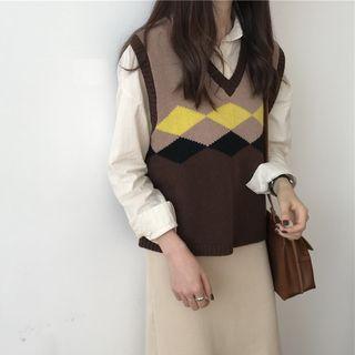 Rhombus Trim V-neck Knit Vest