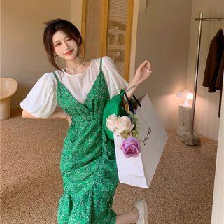 Short-sleeve Blouse / Spaghetti Strap Floral Print Midi Mermaid Dress