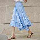 Asymmetric-hem Stripe Skirt Light Blue - One Size