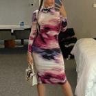 Long Sleeve Mock-neck Tie-dyed Bodycon Dress