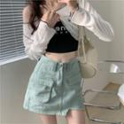 Long-sleeve Contrast Stitching Top / Camisole Top / Mini A-line Skirt