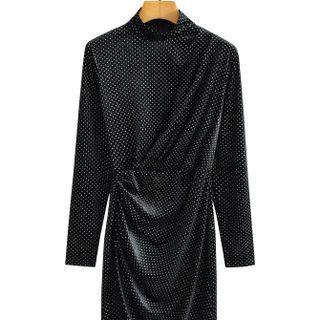 Long-sleeve Glitter Shirred A-line Dress