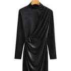 Long-sleeve Glitter Shirred A-line Dress