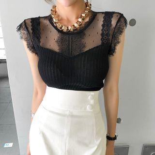 Sleeveless Lace-yoke Rib-knit Top