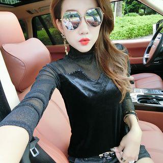 Long-sleeve Mock Neck Mesh Panel Velvet Top