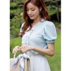 Puff-sleeve Frilled Lace Blouse Light Blue - One Size