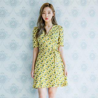 Elbow-sleeve Floral Print A-line V-neck Sheath Dress