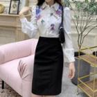 Flower Print Lantern-sleeve Blouse / High-waist Pencil Skirt