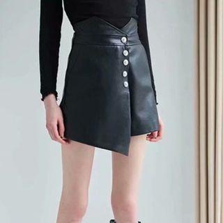 High-waist Asymmetrical Faux Leather Mini Skort