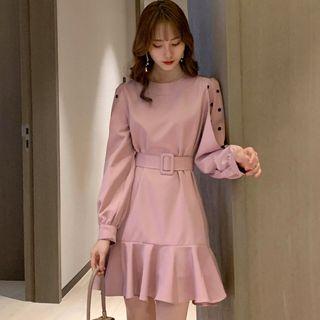 Long-sleeve Dotted Panel Mini Mermaid Dress