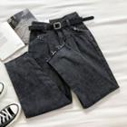 Asymmetric Frayed High-waist Jeans With Belt