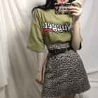 Lettering Elbow Sleeve T-shirt / Leopard Patterned A-line Skirt