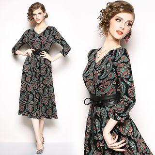 3/4-sleeve Paisley Midi A-line Dress