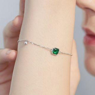 925 Sterling Silver Square Rhinestone Bracelet Green Square - Silver - One Size