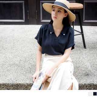 Short-sleeve Cuffed Button-down Collar Blouse