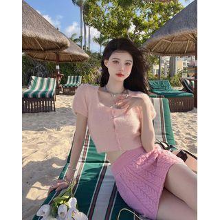 Short-sleeve Button-up Crop Knit Top / Cable Knit Mini Pencil Skirt