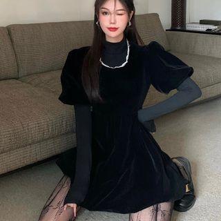 Set : Puff-sleeve Lace Trim Round-neck A-line Dress + High-neck Plain T-shirt