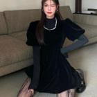 Set : Puff-sleeve Lace Trim Round-neck A-line Dress + High-neck Plain T-shirt