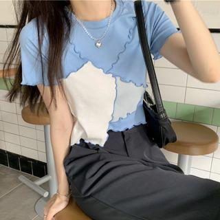 Short-sleeve Irregular Color Block Crop Top